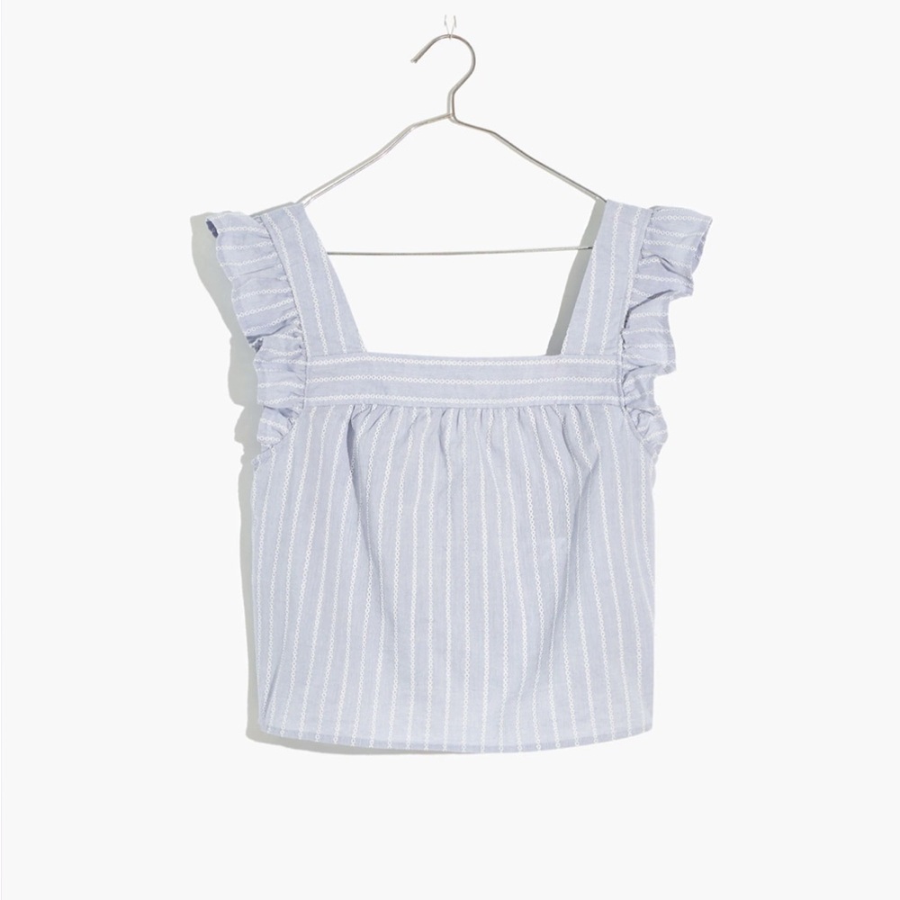 Madewell Striped Flutter-Sleeve Cross-Back Top, Blue & White, Item NE196